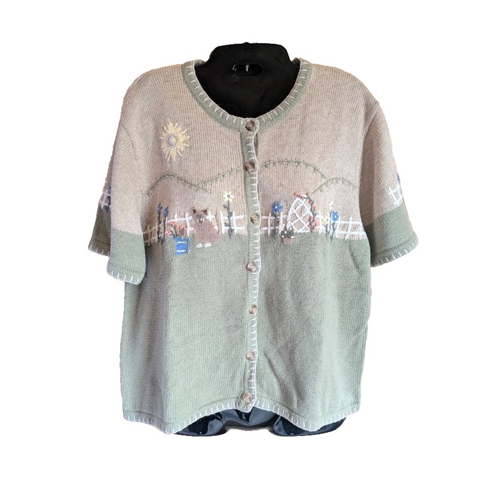 Christopher Banks Cardigan Womens L Garden Cat Hand Embroidered Y2K Vtg Spring